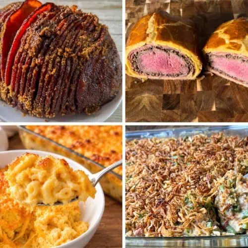 Christmas dinner collage with glazed ham, beef Wellington, rack of lamb, baked mac and cheese, green bean casserole, and red velvet cake.