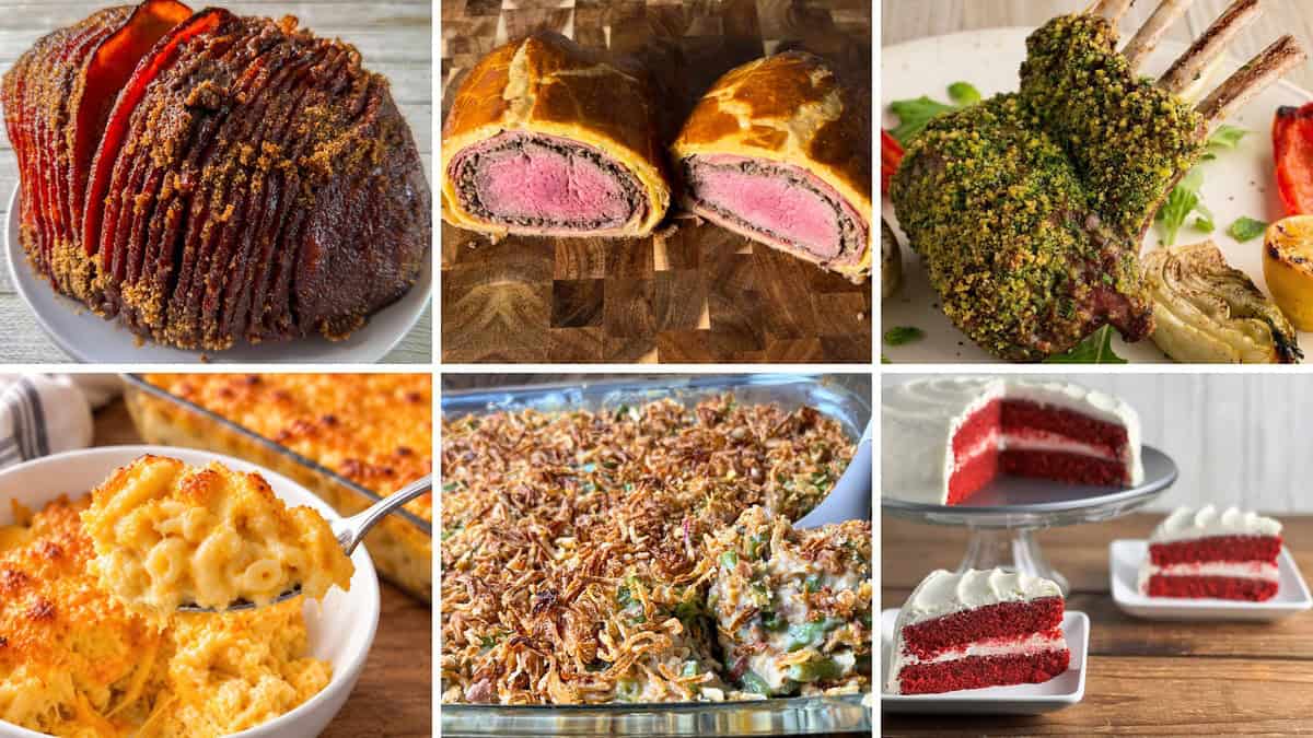 Christmas dinner collage with glazed ham, beef Wellington, rack of lamb, baked mac and cheese, green bean casserole, and red velvet cake.