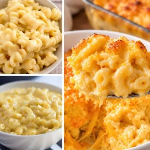 Square collage of five mac and cheese recipes: Southern baked mac and cheese, Instant Pot truffle mac and cheese, pressure cooker mac and cheese, baked gluten-free mac and cheese, and spaghetti squash mac and cheese.