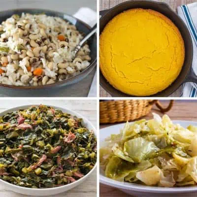 New Year's Day food collage with Hoppin' John, cast-iron cornbread, glazed ham, collard greens, cabbage, and pulled pork.