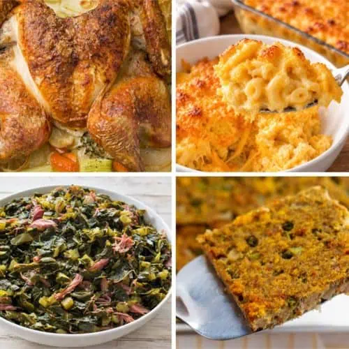 Thanksgiving dinner collage with spatchcock turkey, baked mac and cheese, glazed ham, collard greens, cornbread dressing, and sweet potato pie.