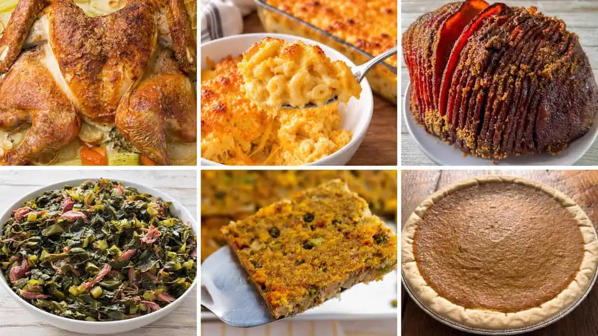 Thanksgiving dinner collage with spatchcock turkey, baked mac and cheese, glazed ham, collard greens, cornbread dressing, and sweet potato pie.