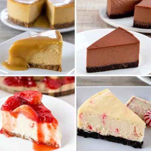 Four cheesecake slices: pumpkin with maple glaze, chocolate, white chocolate strawberry, and peppermint bark.